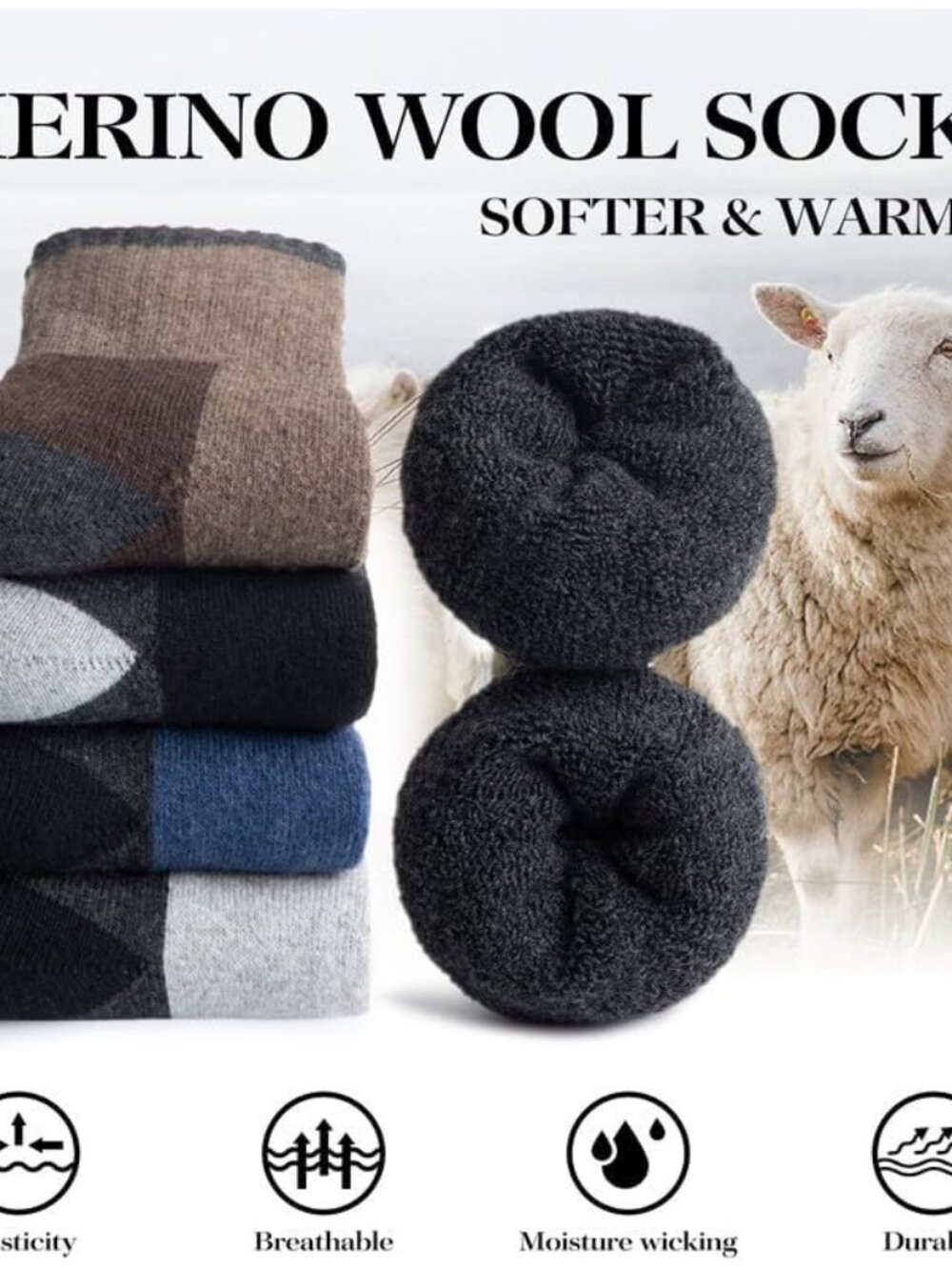 Merino Wool Hiking Socks for Men - 5 Pairs Thick, Warm, Thermal Winter Crew Sock - Picture 2 of 6